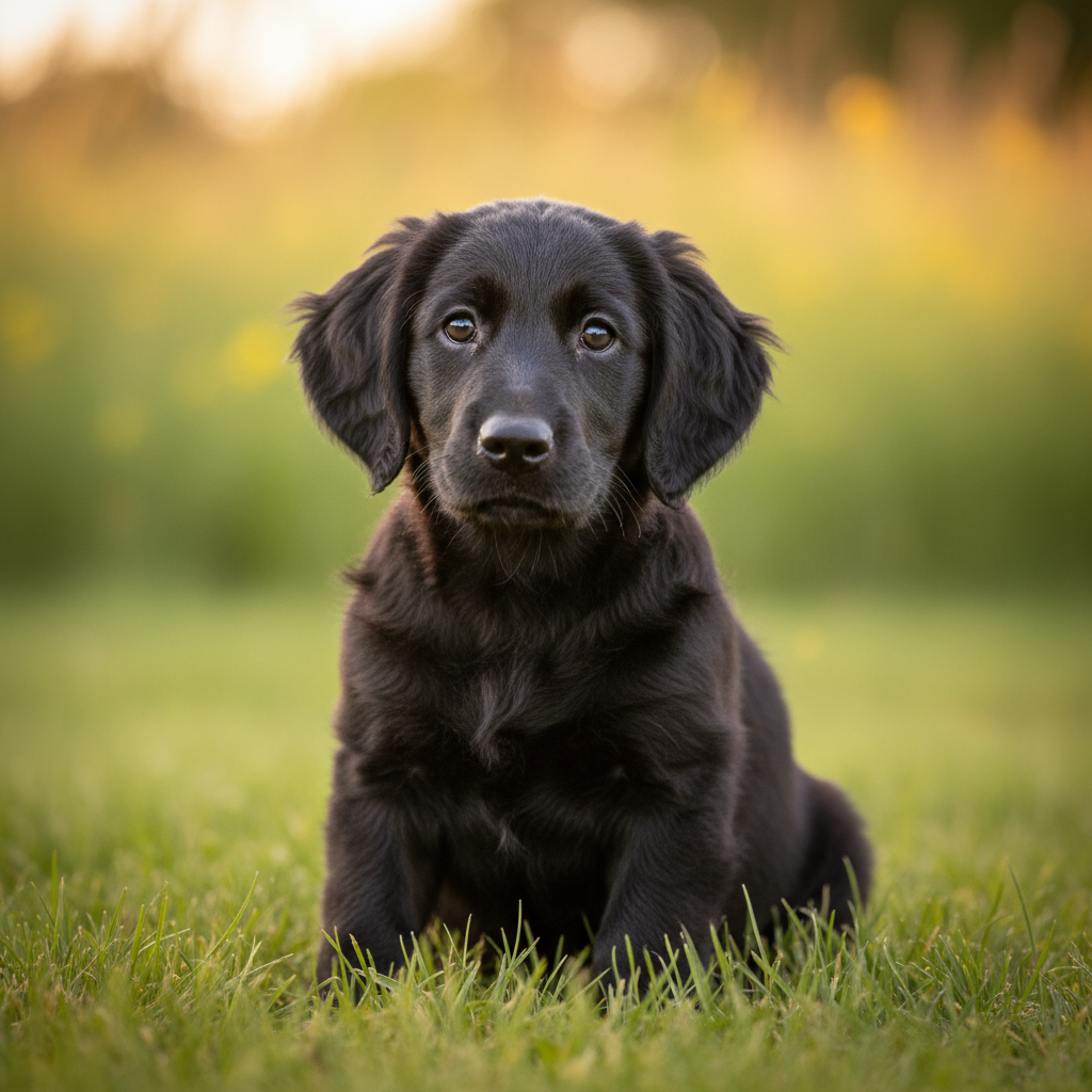 Süßer schwarzer Flat Coated Retriever Welpe auf einer grünen Wiese