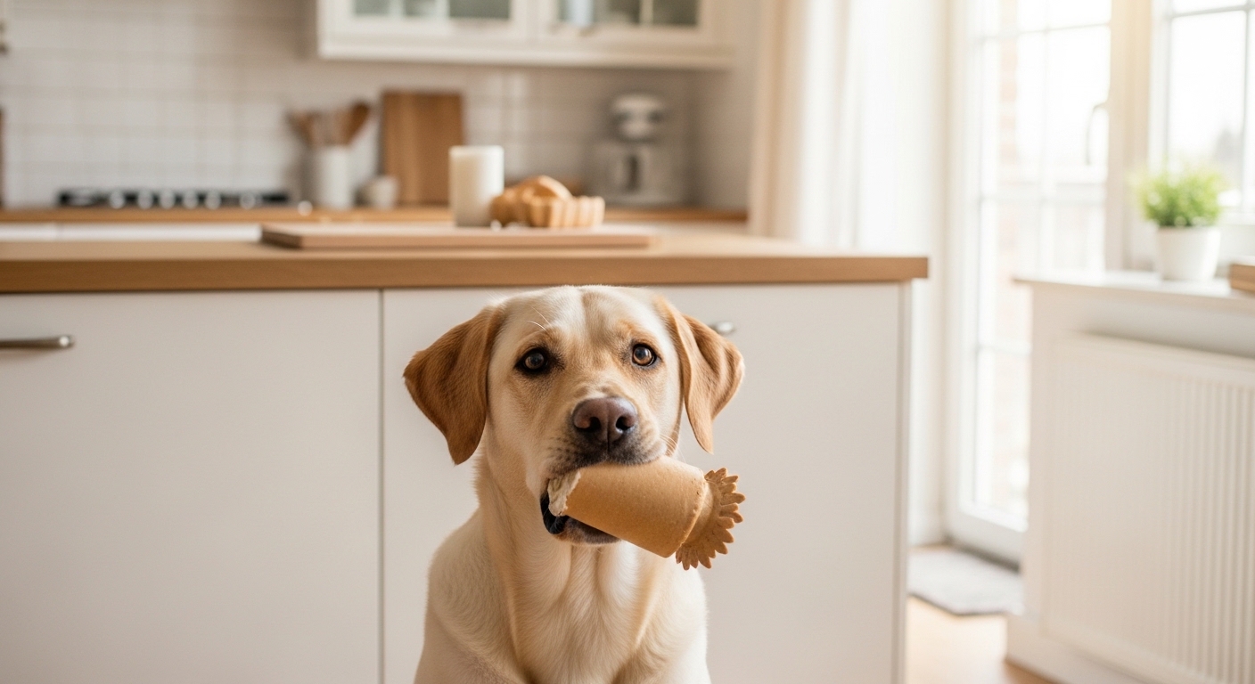 Hund sitzt erwartungsvoll vor seinem Futternapf