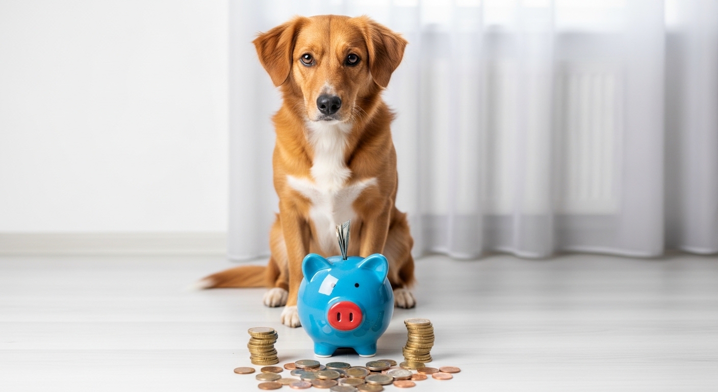 Hund neben einem Sparschwein